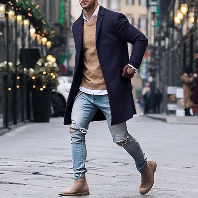 Fashion Winter Men's Trench Long Jackets Coats Overcoat Classic Jackets Solid Slim Fit Outwear