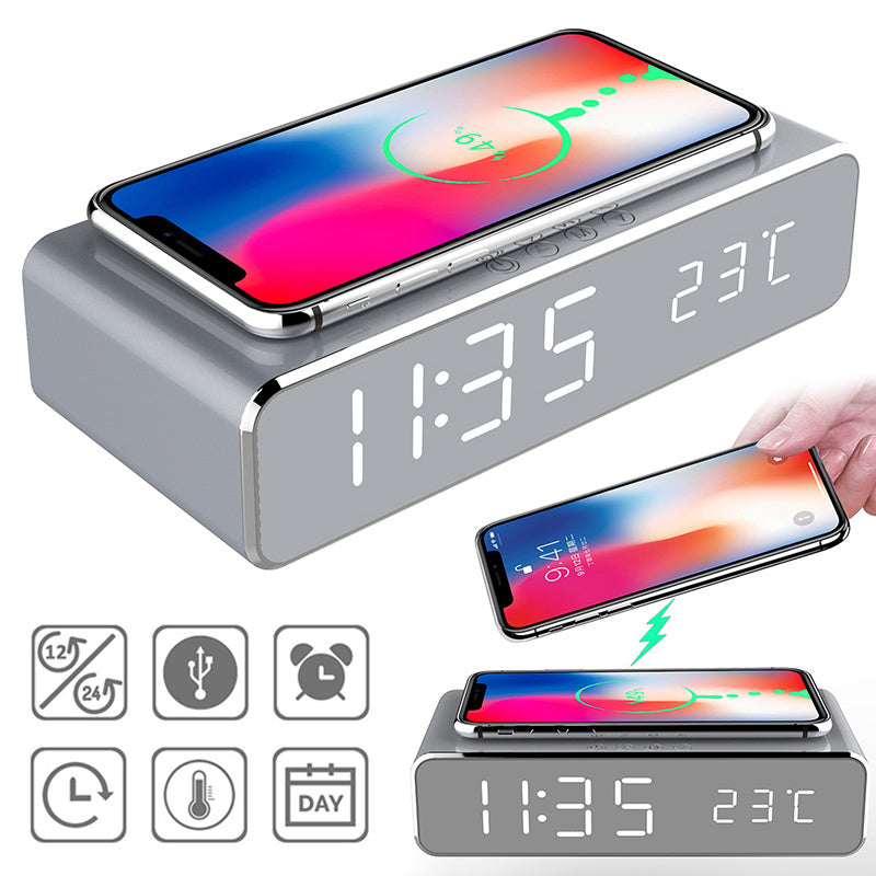 LED Electric Alarm Clock with Wireless Phone Charger &amp; Thermometer